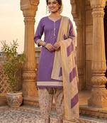 Purple printed cotton blend stitched geometric print salwar kurta dupatta for women