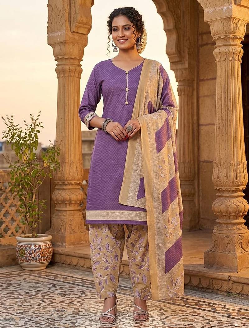 Purple printed cotton blend stitched geometric print salwar kurta dupatta for women