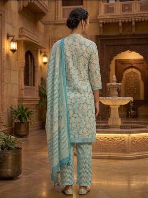 Teal printed cotton blend stitched geometric print salwar kurta dupatta for women 3