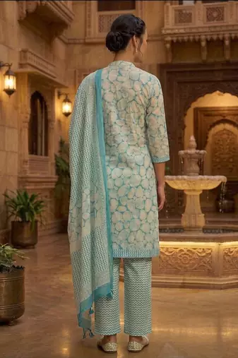 Teal printed cotton blend stitched geometric print salwar kurta dupatta for women