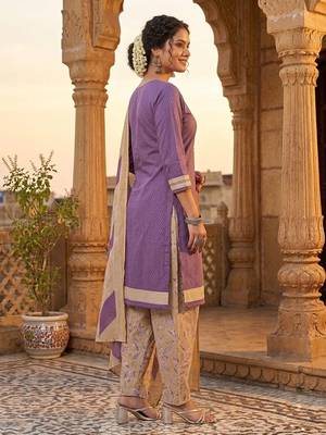 Purple printed cotton blend stitched geometric print salwar kurta dupatta for women 2