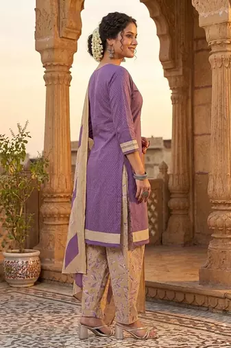 Purple printed cotton blend stitched geometric print salwar kurta dupatta for women