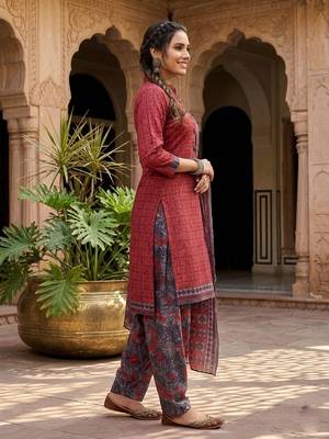 Red printed cotton blend stitched geometric print salwar kurta dupatta for women 2
