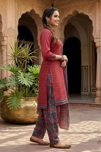 Red printed cotton blend stitched geometric print salwar kurta dupatta for women