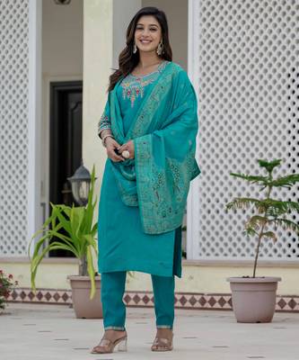 Skyblue coding embroidery with sequins work roman silk straight kurti pant dupatta set 5