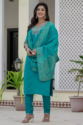 Skyblue coding embroidery with sequins work  roman silk straight kurti pant dupatta set
