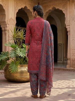 Red printed cotton blend stitched geometric print salwar kurta dupatta for women 3
