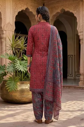 Red printed cotton blend stitched geometric print salwar kurta dupatta for women