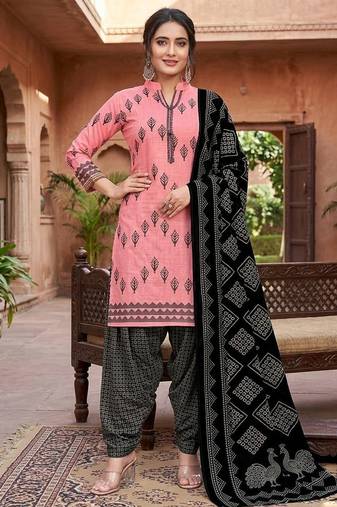 Pink printed cotton blend stitched geometric print salwar kurta dupatta for women
