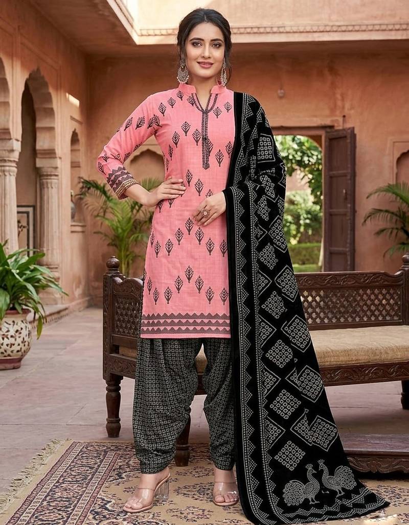 Pink printed cotton blend stitched geometric print salwar kurta dupatta for women