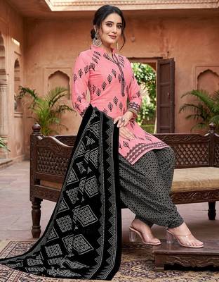 Pink printed cotton blend stitched geometric print salwar kurta dupatta for women 2