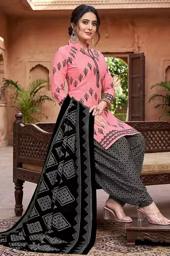 Pink printed cotton blend stitched geometric print salwar kurta dupatta for women