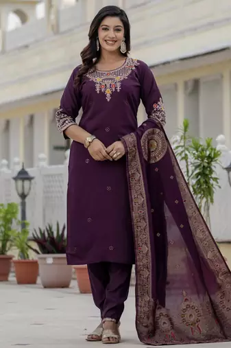Wine coding embroidery with sequins work  roman silk straight kurti pant dupatta set