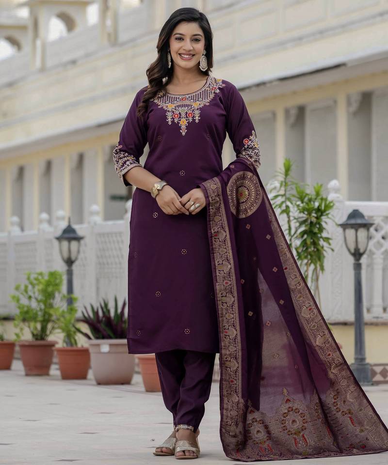 Wine coding embroidery with sequins work  roman silk straight kurti pant dupatta set