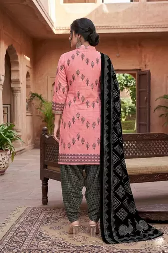 Pink printed cotton blend stitched geometric print salwar kurta dupatta for women