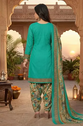 Teal printed cotton blend stitched floral print salwar kurta dupatta for women