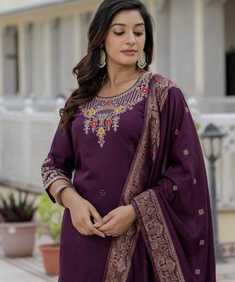 Wine coding embroidery with sequins work roman silk straight kurti pant dupatta set 2