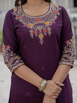 Wine coding embroidery with sequins work roman silk straight kurti pant dupatta set 3