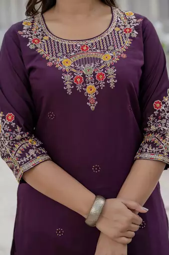 Wine coding embroidery with sequins work  roman silk straight kurti pant dupatta set