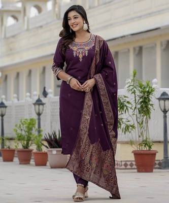 Wine coding embroidery with sequins work roman silk straight kurti pant dupatta set 4
