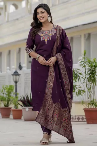 Wine coding embroidery with sequins work  roman silk straight kurti pant dupatta set