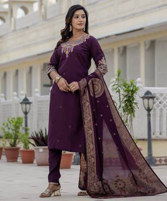 Wine coding embroidery with sequins work roman silk straight kurti pant dupatta set 5