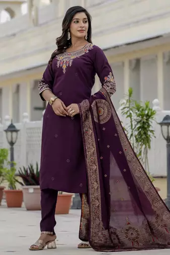 Wine coding embroidery with sequins work  roman silk straight kurti pant dupatta set