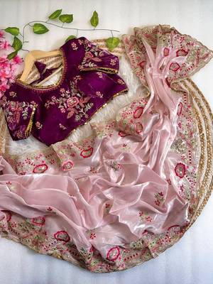 Light Pink Color embroidery  sequence Work Silk Blend Saree 1