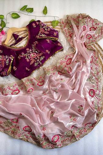 Light Pink Color embroidery  sequence Work Silk Blend Saree