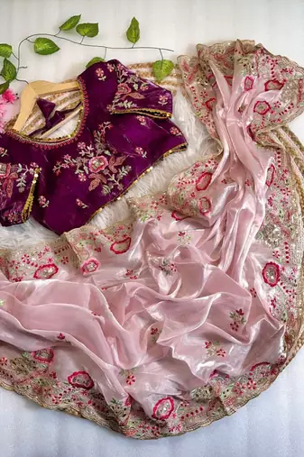 Light Pink Color embroidery  sequence Work Silk Blend Saree