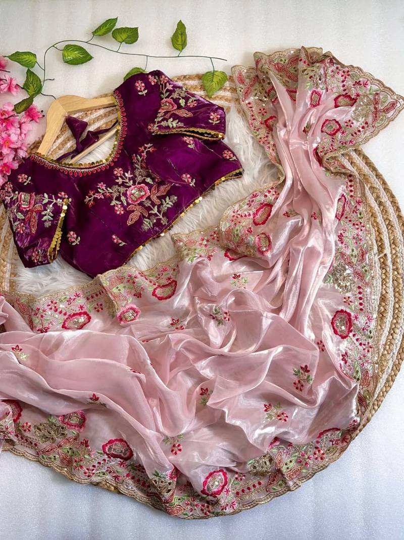 Light Pink Color embroidery  sequence Work Silk Blend Saree