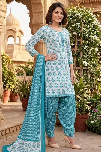 Teal printed cotton blend stitched floral print salwar kurta dupatta for women