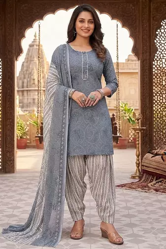 Grey printed cotton blend stitched bandhani print salwar kurta dupatta for women