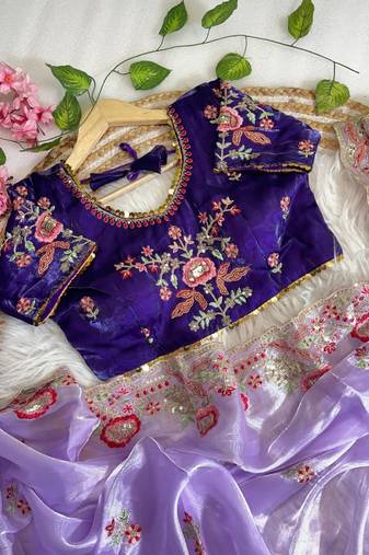Lavender Color embroidery  sequence Work Silk Blend Saree