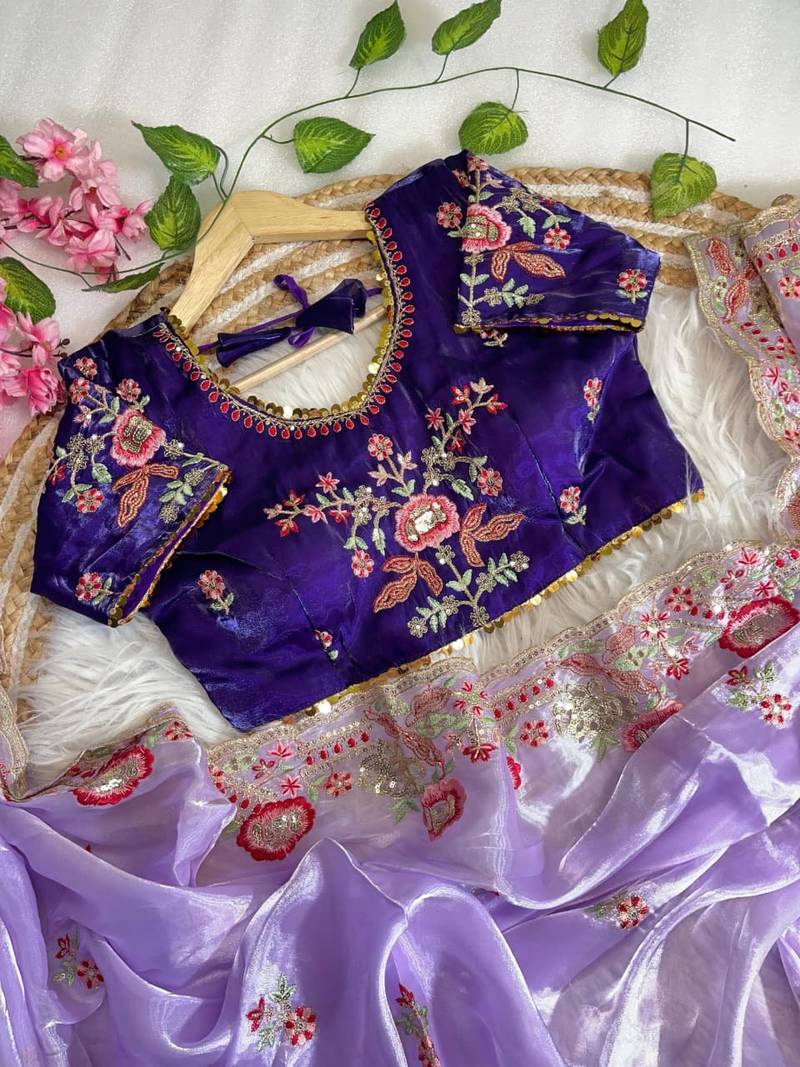 Lavender Color embroidery  sequence Work Silk Blend Saree