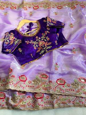 Lavender Color embroidery  sequence Work Silk Blend Saree 2