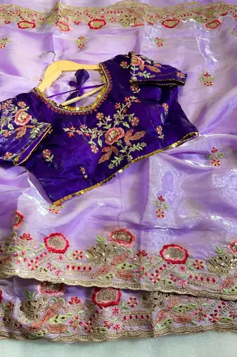 Lavender Color embroidery  sequence Work Silk Blend Saree