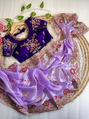 Lavender Color embroidery  sequence Work Silk Blend Saree 3