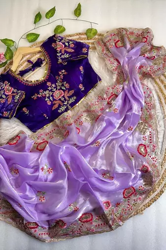 Lavender Color embroidery  sequence Work Silk Blend Saree