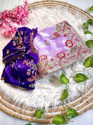 Lavender Color embroidery  sequence Work Silk Blend Saree 4