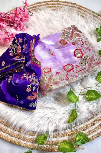 Lavender Color embroidery  sequence Work Silk Blend Saree