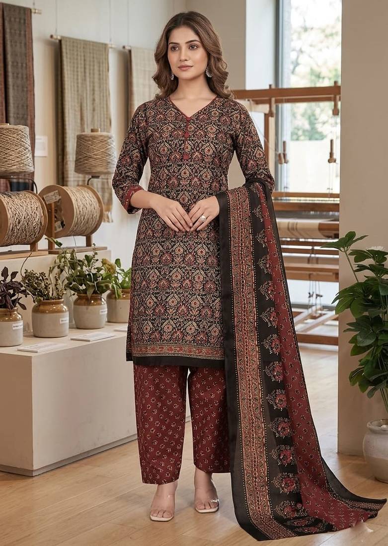 Brown printed cotton blend stitched ethnic motif print salwar kurta dupatta for women