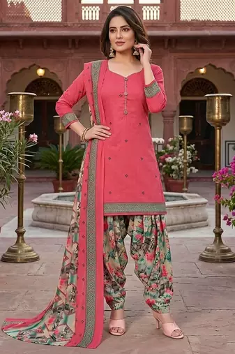 Peach printed cotton blend stitched floral print salwar kurta dupatta for women