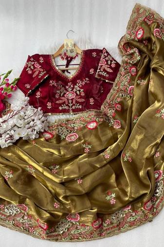 Mehndi Green Color embroidery  sequence Work Silk Blend Saree