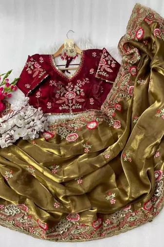 Mehndi Green Color embroidery  sequence Work Silk Blend Saree