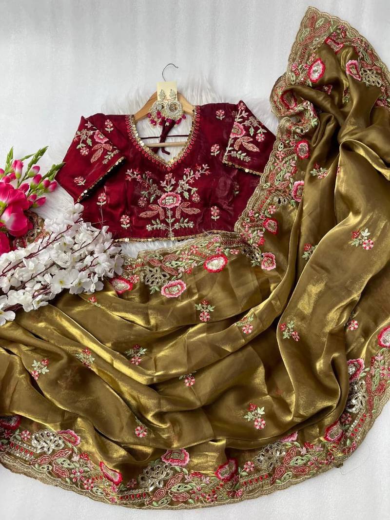 Mehndi Green Color embroidery  sequence Work Silk Blend Saree