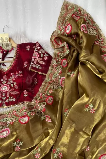 Mehndi Green Color embroidery  sequence Work Silk Blend Saree