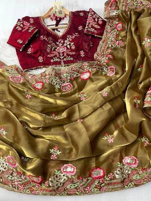 Mehndi Green Color embroidery  sequence Work Silk Blend Saree 3