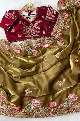Mehndi Green Color embroidery  sequence Work Silk Blend Saree