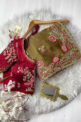 Mehndi Green Color embroidery  sequence Work Silk Blend Saree
